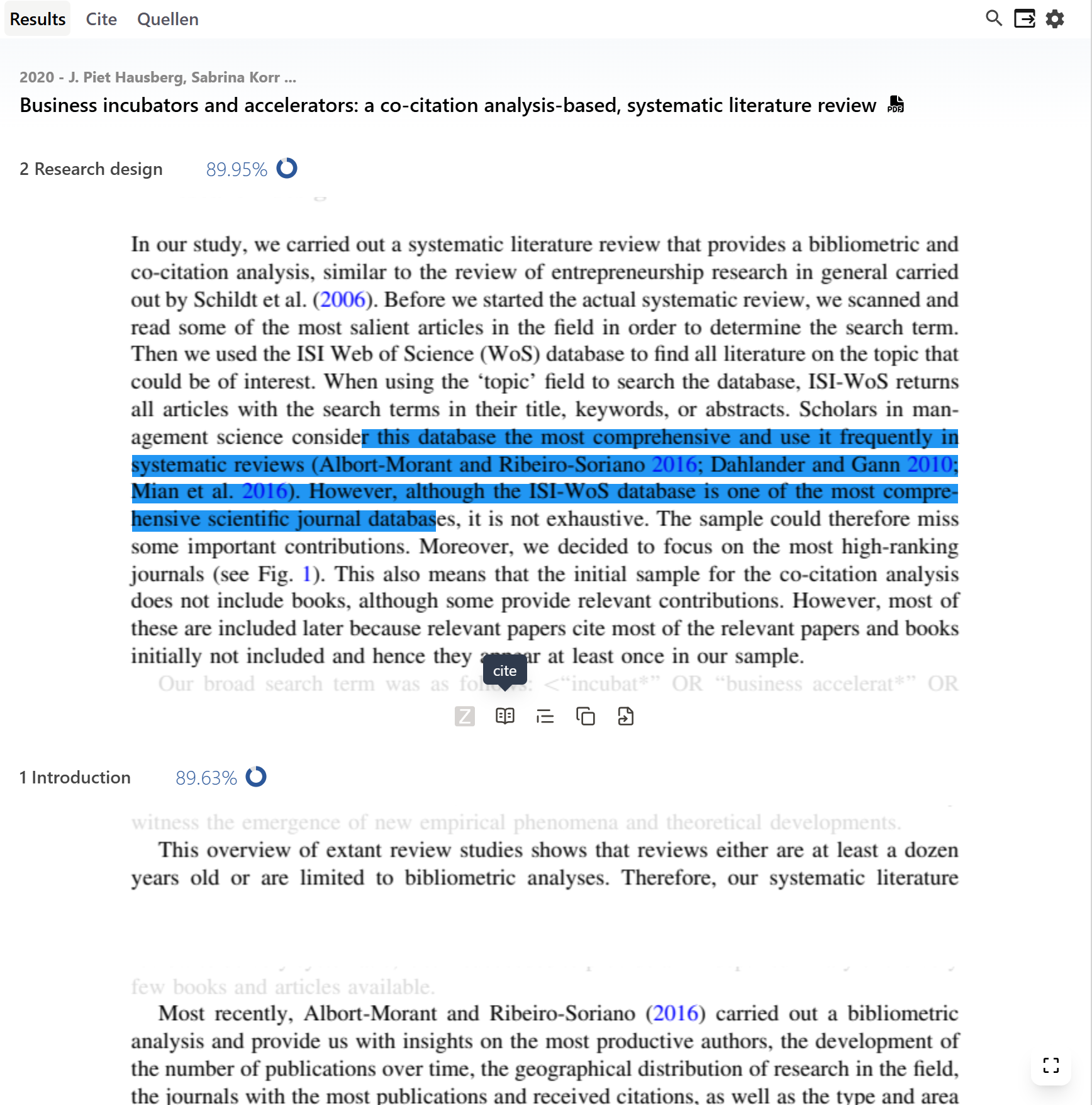 Close-up of the Sourceress add-in in Microsoft Word with a highlighted passage