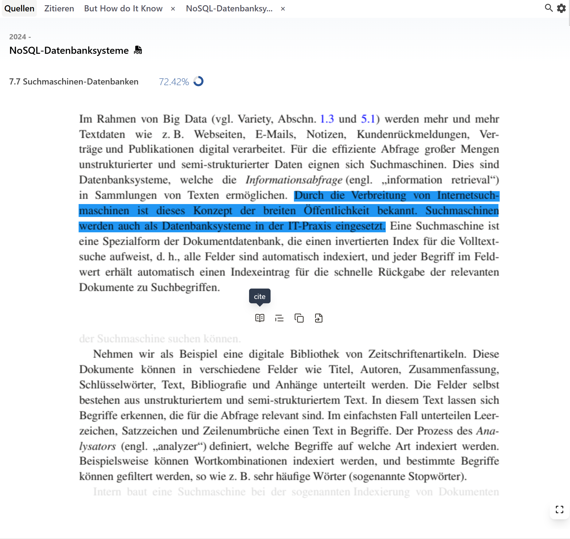 Vergrößerte Sourceress-Erweiterung in Microsoft Word mit einer hervorgehobenen Fundstelle