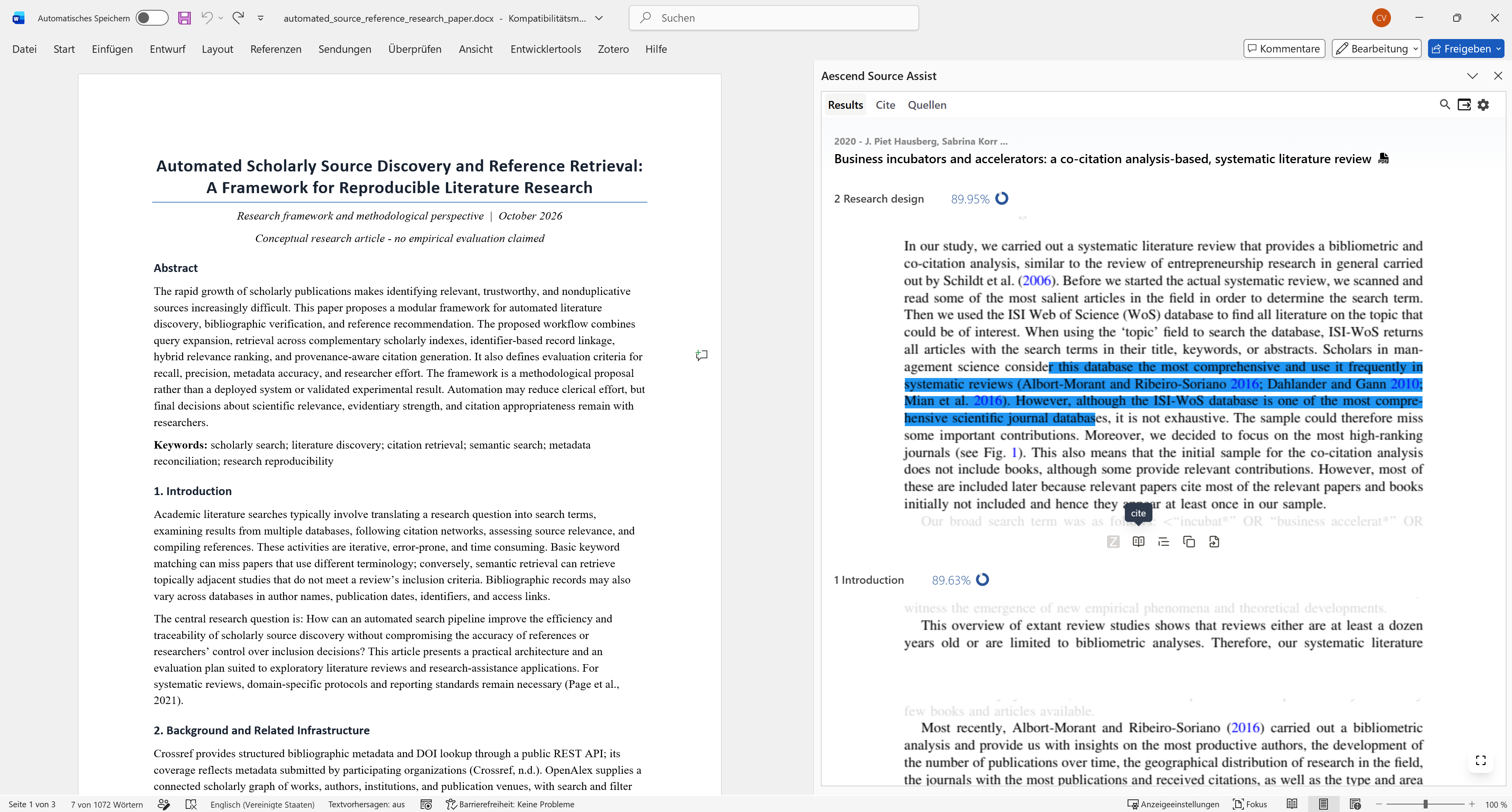 Microsoft Word with an academic text open alongside the Sourceress add-in