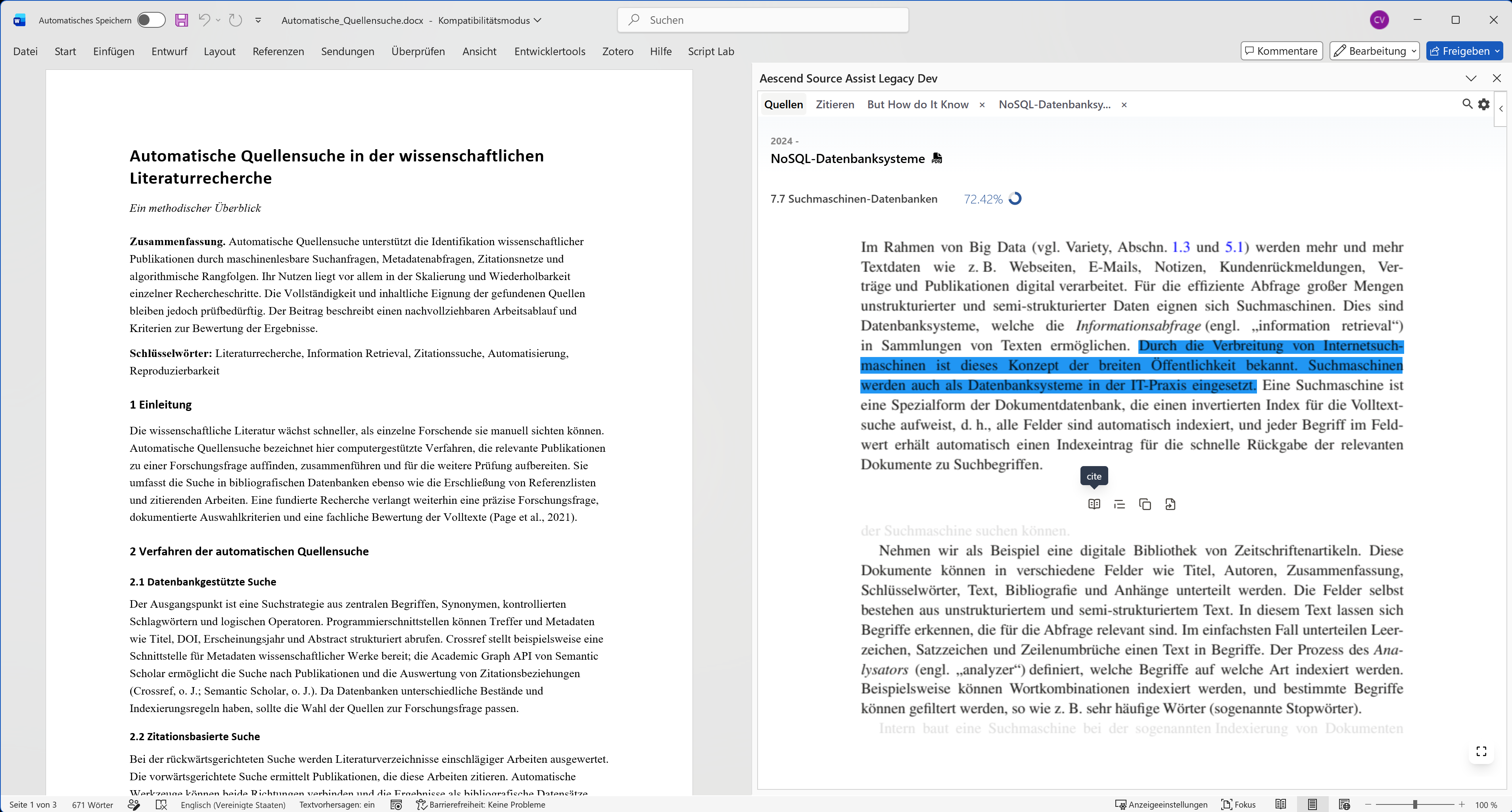 Microsoft Word mit geöffnetem wissenschaftlichen Text und der Sourceress-Erweiterung
