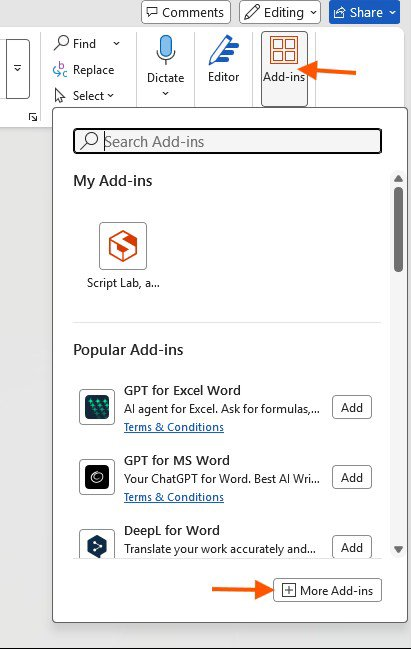 Word menu with the Add-ins button and More Add-ins button highlighted