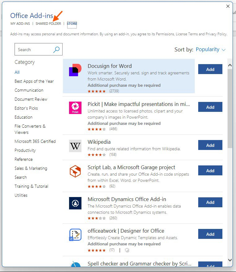 Office Add-ins window with the Shared Folder tab highlighted